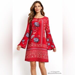 Vanessa Virginia US 8 Red Silk Boho Shift Dress Anthropologie Style